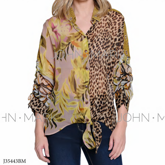 Mix Print Button & Tie Front Blouse