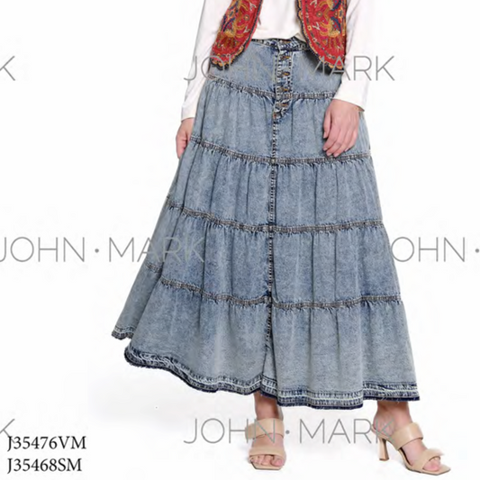 Acid Wash Tiered Denim Skirt with Pockets