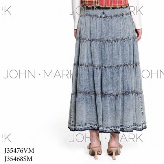 Acid Wash Tiered Denim Skirt with Pockets