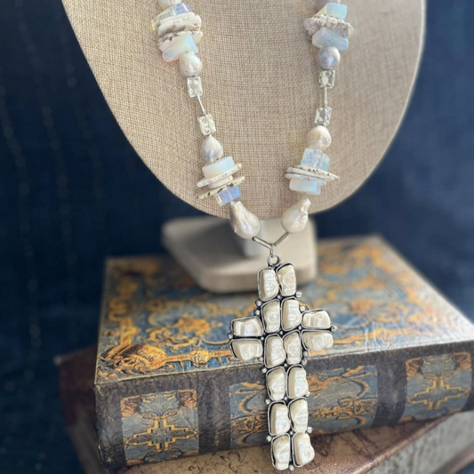 A Rare Bird Silver Stone & Pearl Cross Necklace
