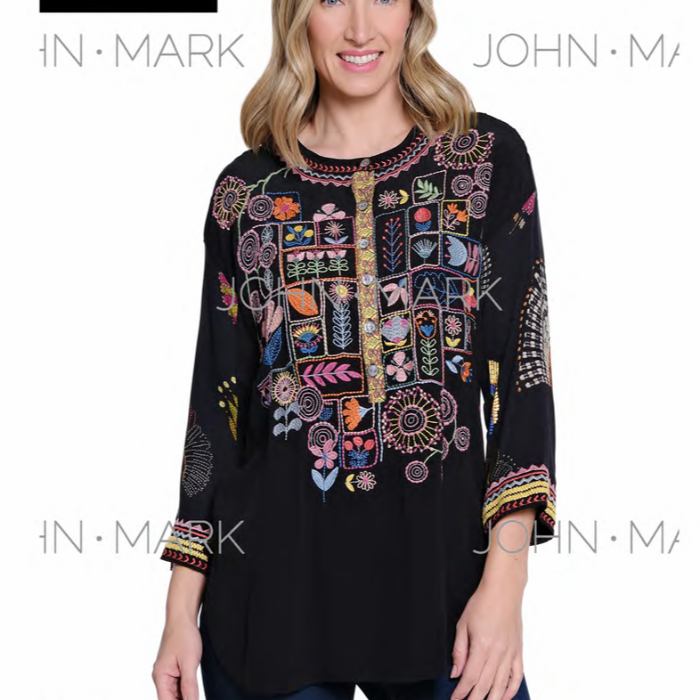 Embellished Button Up Tunic With Print Back & 3/4 Sleeve