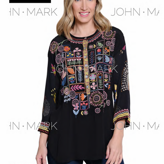 Embellished Button Up Tunic With Print Back & 3/4 Sleeve