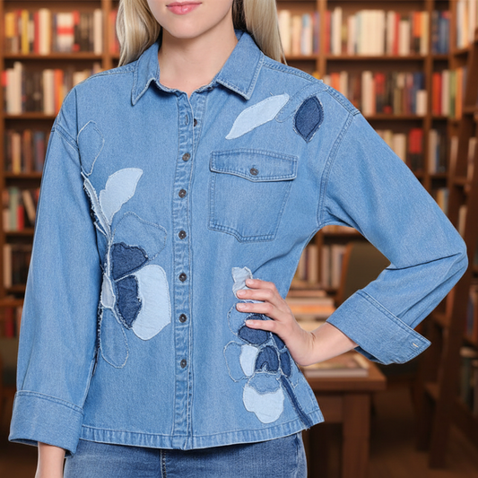 Denim Shirt Jacket With Flower Applique