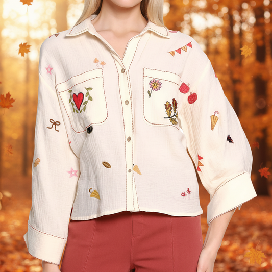 Embroidered Button Up Boxy Shirt