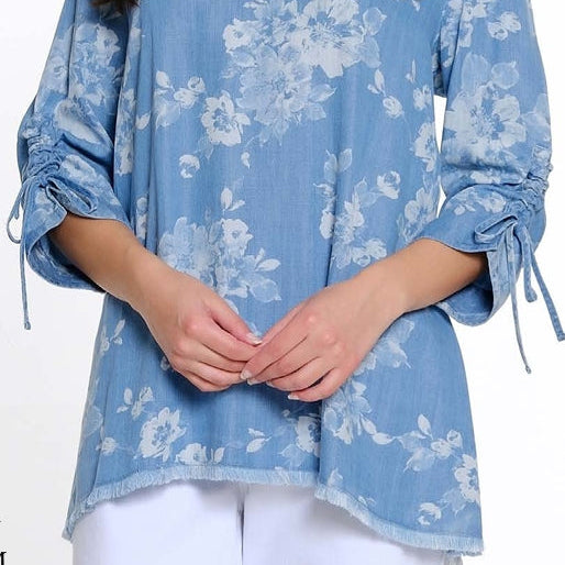 Ruched Sleeve Lace Up Back Chambray Top