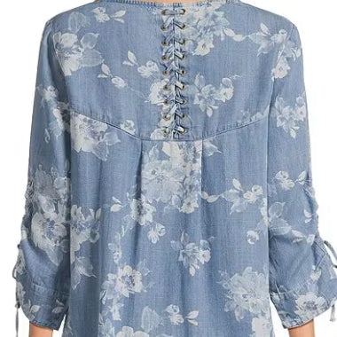 Ruched Sleeve Lace Up Back Chambray Top