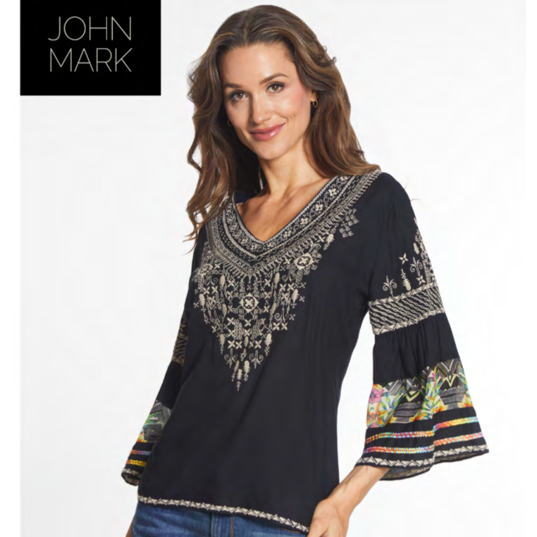 Black Embroidered V Neck W/ Flounce Sleeves