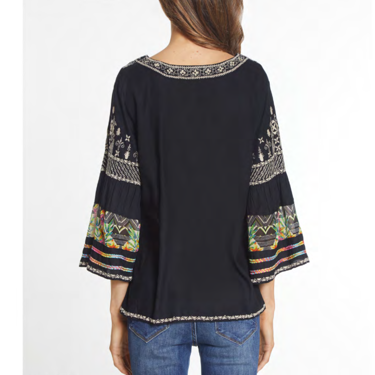 Black Embroidered V Neck W/ Flounce Sleeves