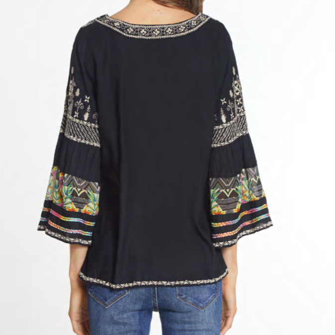 Black Embroidered V Neck W/ Flounce Sleeves