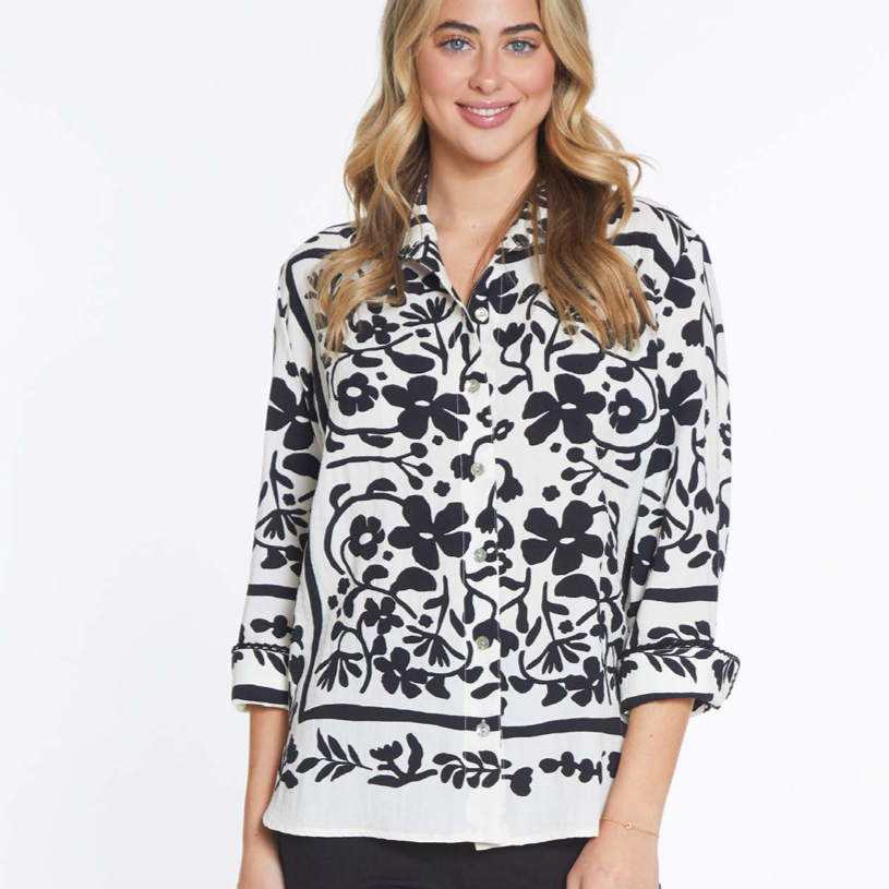 Border Print Button Up V Collar Shirt