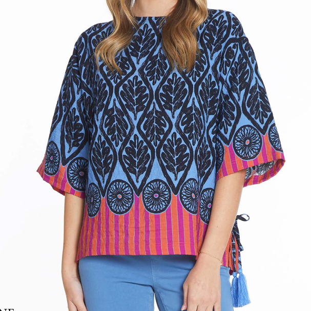 Mixed Print Boatneck Top with Side Ties