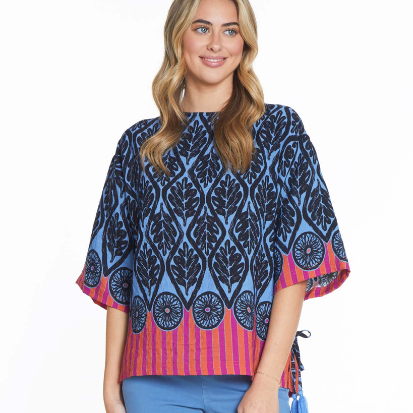 Mixed Print Boatneck Top with Side Ties