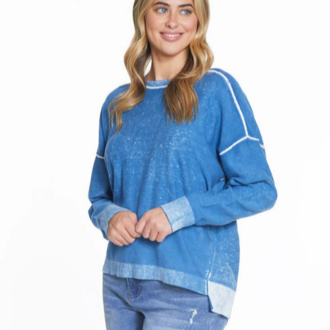 Solid Color Reverse Printed Blue Sweater with Step Hem Top