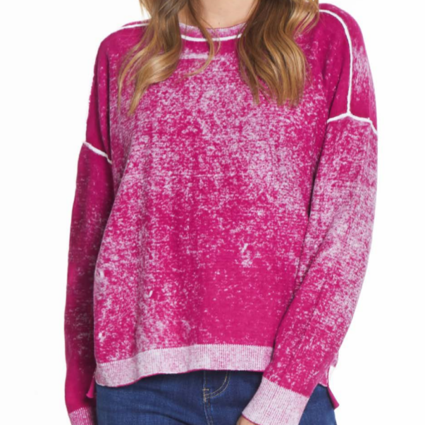 Solid Color Reverse Printed Fuchsia Sweater with Step Hem Top