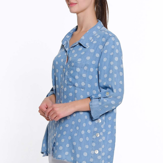 Polka Dot Button Front Denim Top