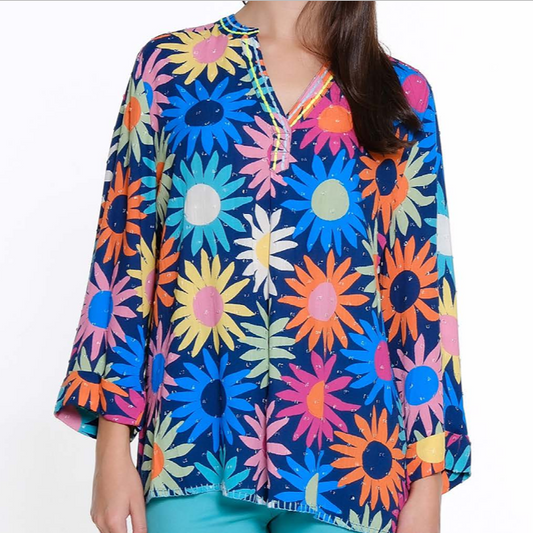 Happy Floral Print 3/4 Sleeve Top