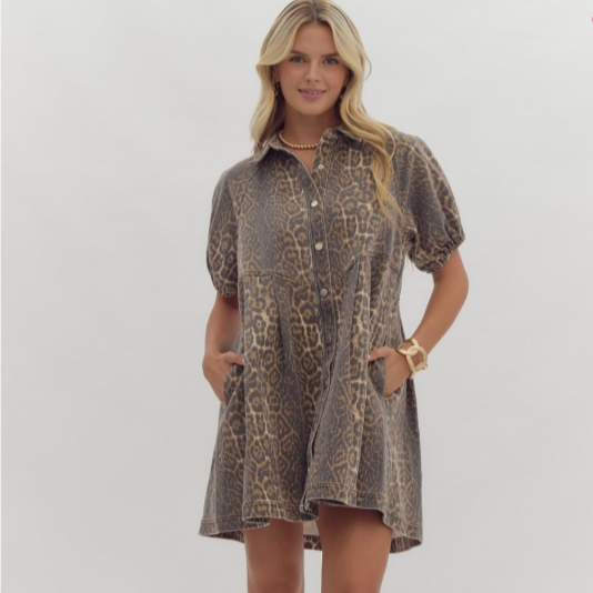 Cheetah Print Short Sleeve Collared Button Up Mini Dress