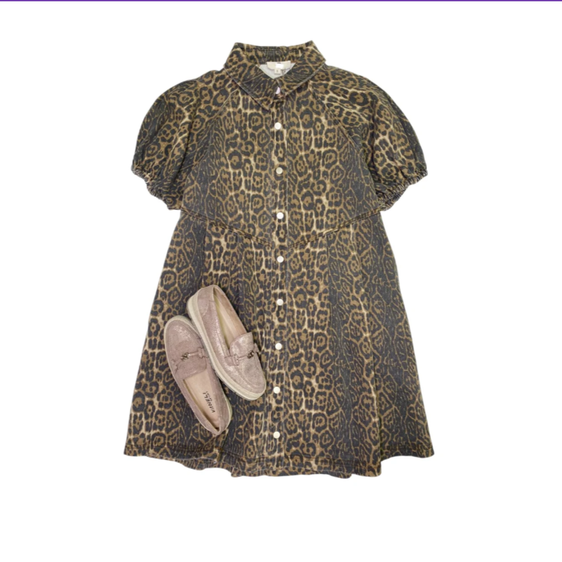 Cheetah Print Short Sleeve Collared Button Up Mini Dress