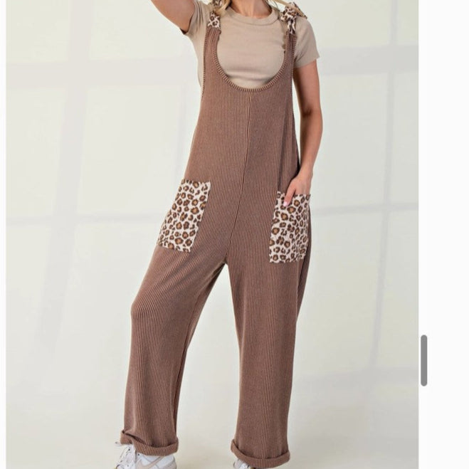 Brown Animal Print Rib Jumpsuit