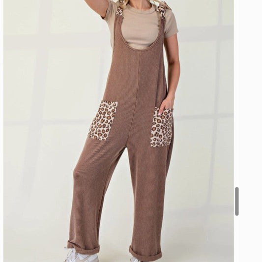 Brown Animal Print Rib Jumpsuit