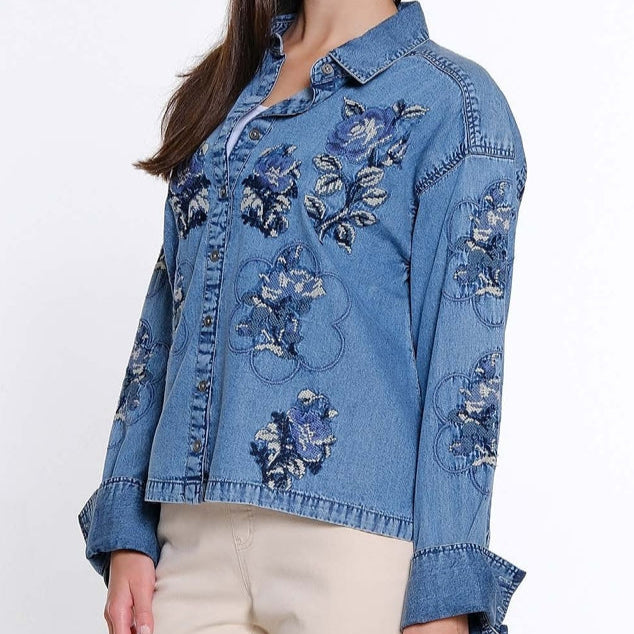 Denim Button Front Top with Cross Stitch Embroidery