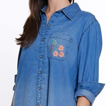 Denim Shirt with Embroidery and Back Godets