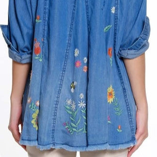 Denim Shirt with Embroidery and Back Godets