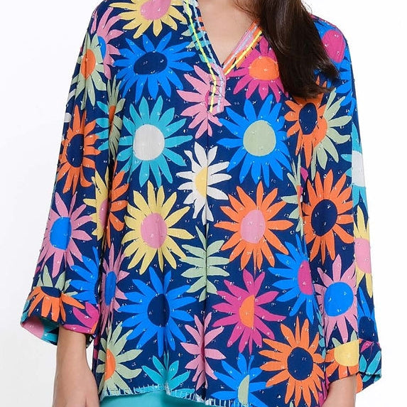 Happy Floral Print 3/4 Sleeve Top