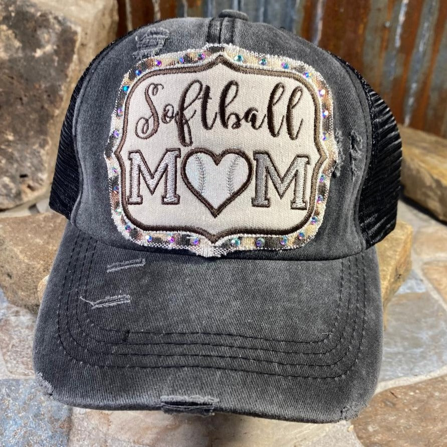 Rhinestone Sparkle Embroidered Distressed Black Softball Mom Cap
