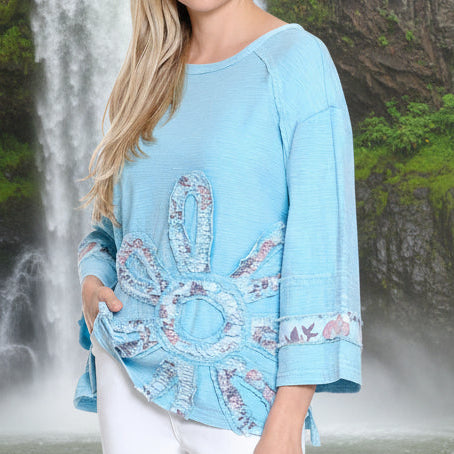 Dyed Flower Applique Knit Top Sweatshirt - Light Blue