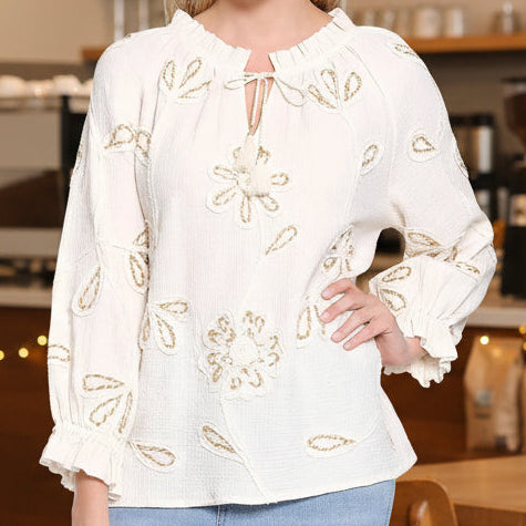 Tie Neck Popover with Cord Embroidery - Antique White