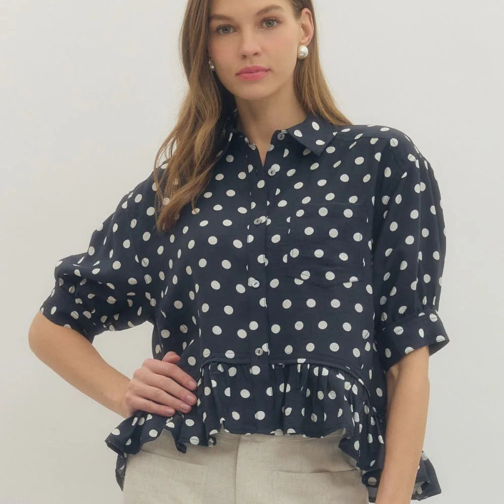 Navy Polka Dot Short Sleeve Ruffle Hem Top (PLUS Size)