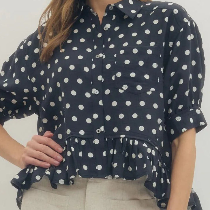 Navy Polka Dot Short Sleeve Ruffle Hem Top (PLUS Size)