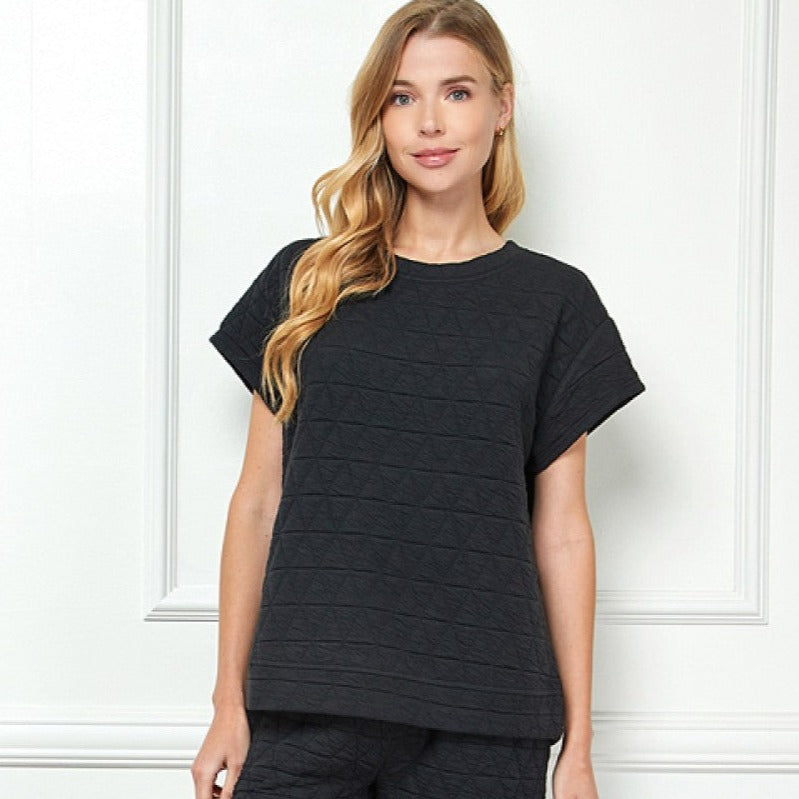 Quilted Short Sleeve Black Top