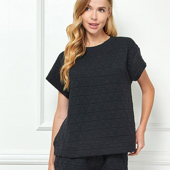 Quilted Short Sleeve Black Top