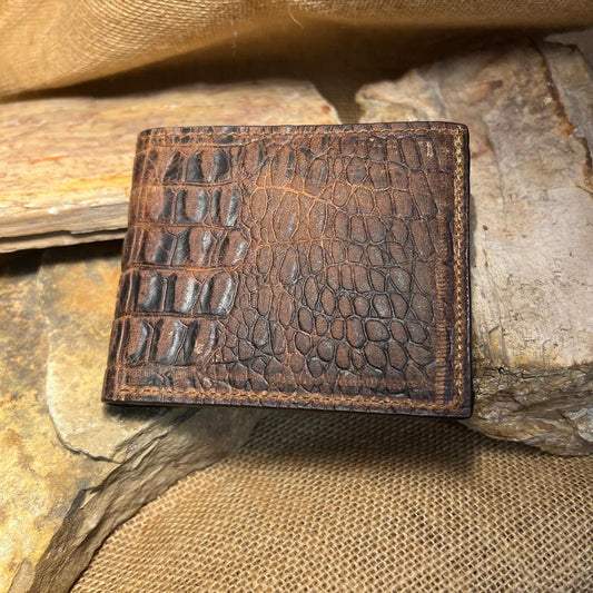 Bi-Fold Crocodile Embossed Dark Brown Leather Wallet