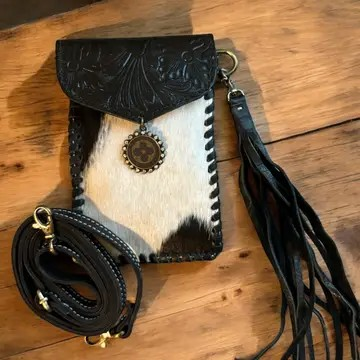 Tooled Cowhide Phone Crossbody Black