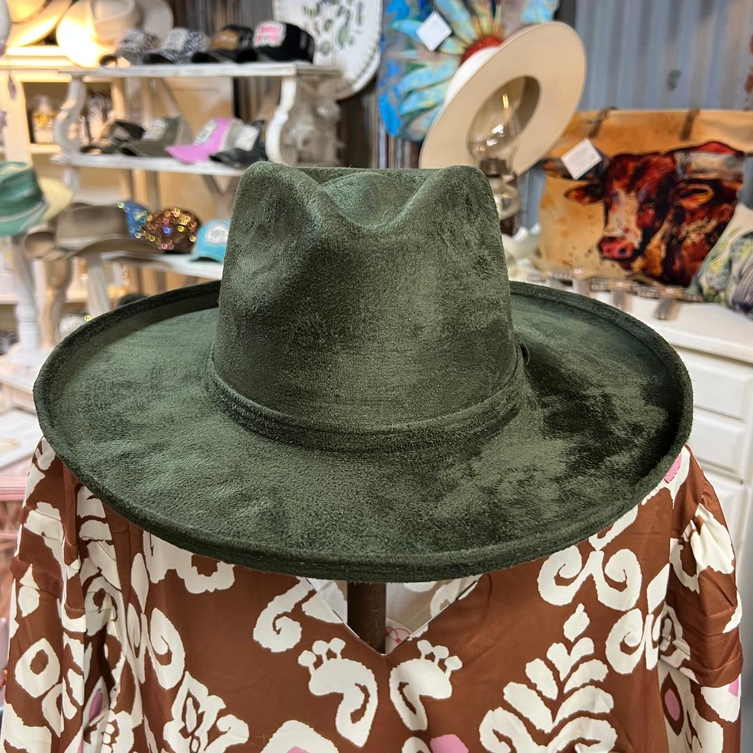 Vegan Suede Olive Green Rancher Pencil Brim Hat