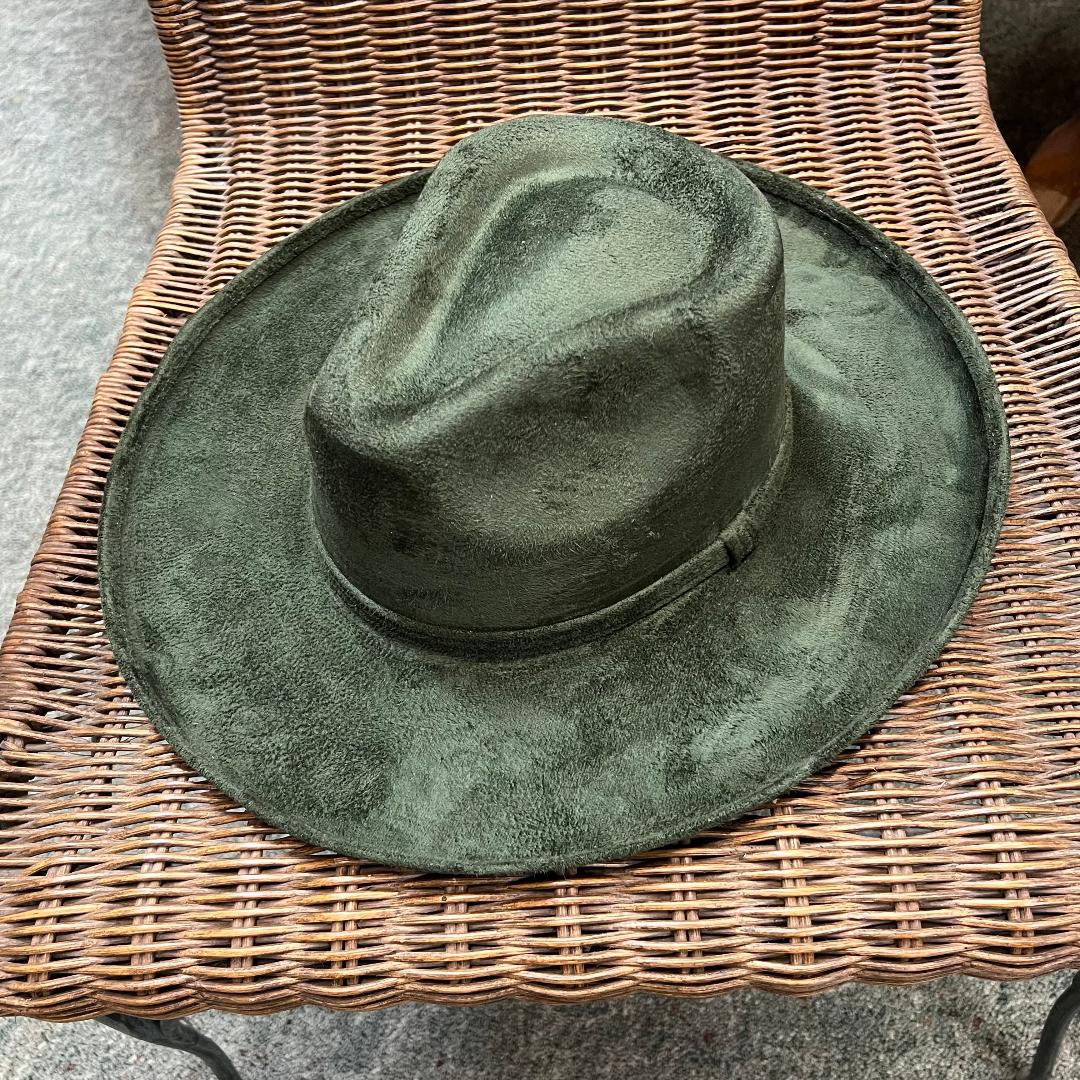 Vegan Suede Olive Green Rancher Pencil Brim Hat