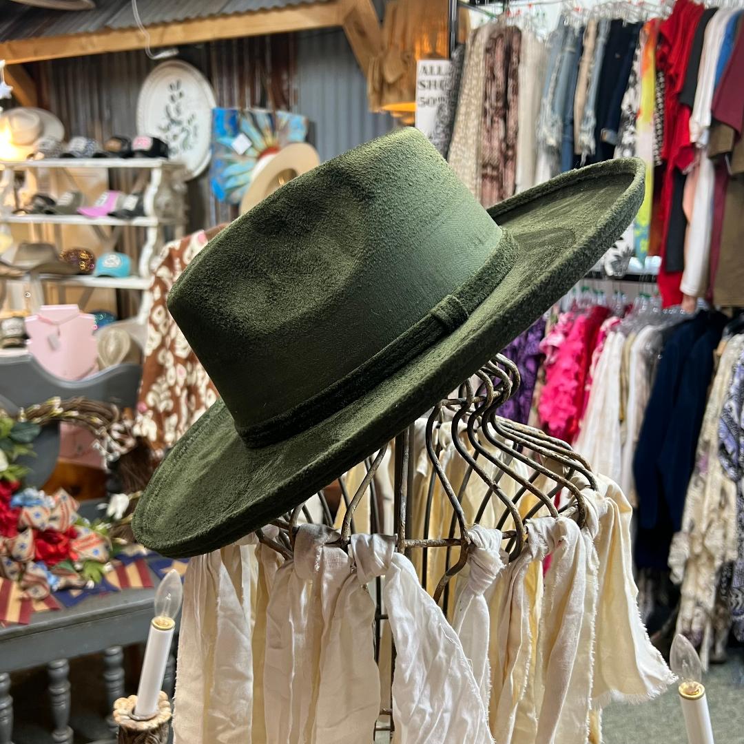 Vegan Suede Olive Green Rancher Pencil Brim Hat