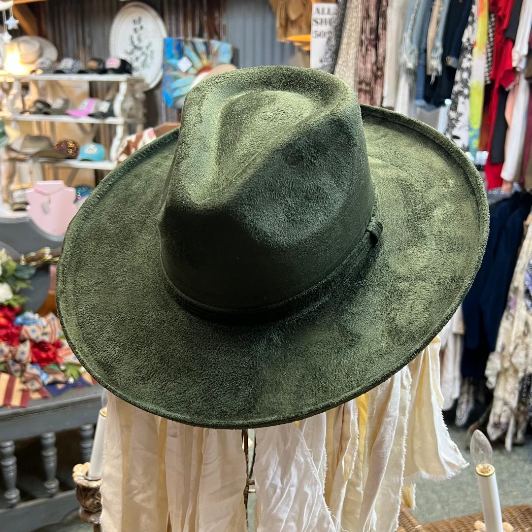 Vegan Suede Olive Green Rancher Pencil Brim Hat