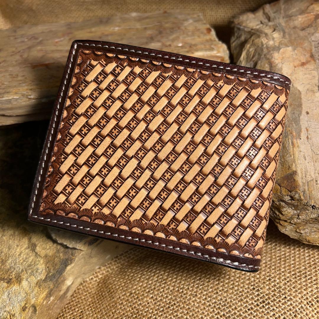 Floral Carved & Basket Weave Bi-Fold Wallet