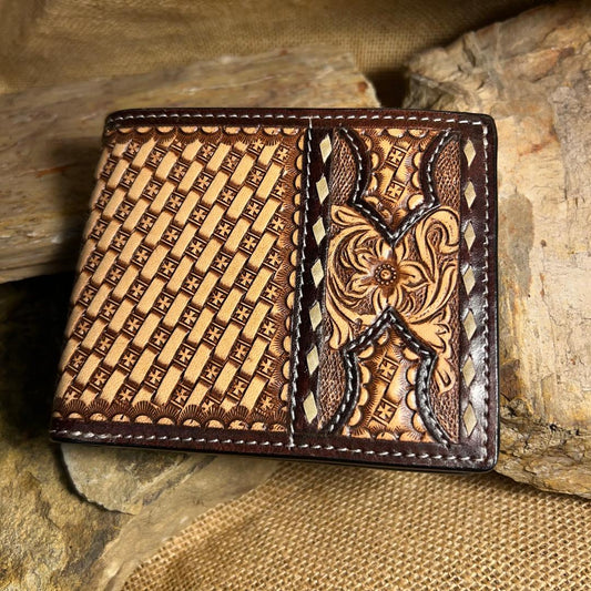 Floral Carved & Basket Weave Bi-Fold Wallet