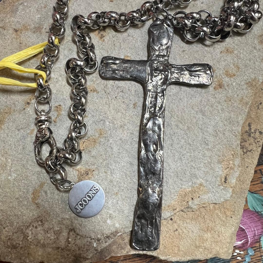 Long Chain Hammered Cross Necklace