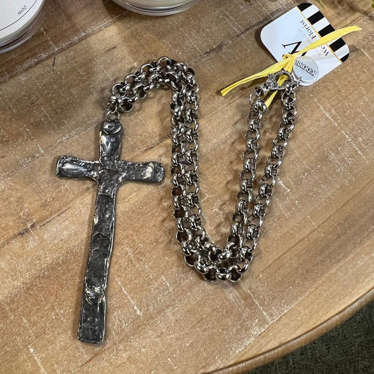 Long Chain Hammered Cross Necklace