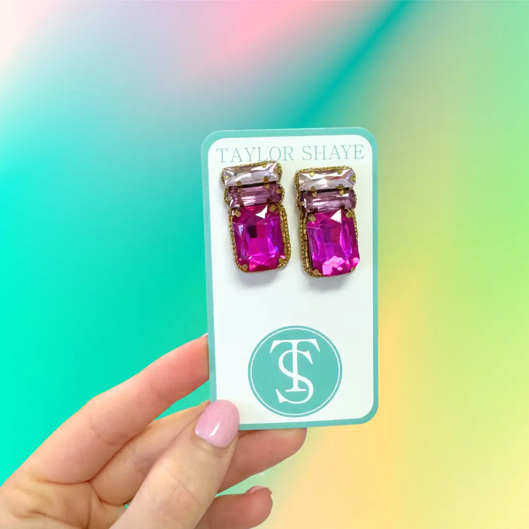 Pink Crystal Gem Stud Earrings