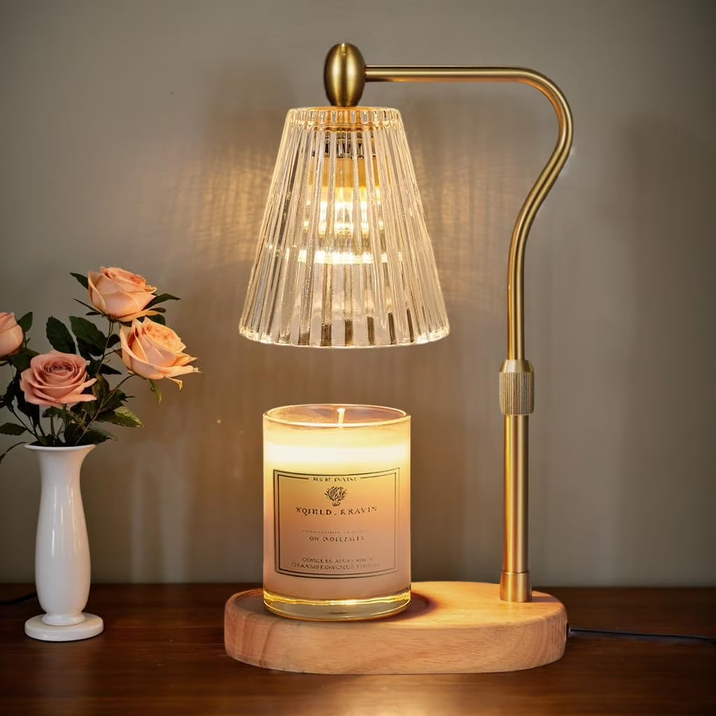 Candle Warmer Lamp with Fluted Amber Glass on Wood Base