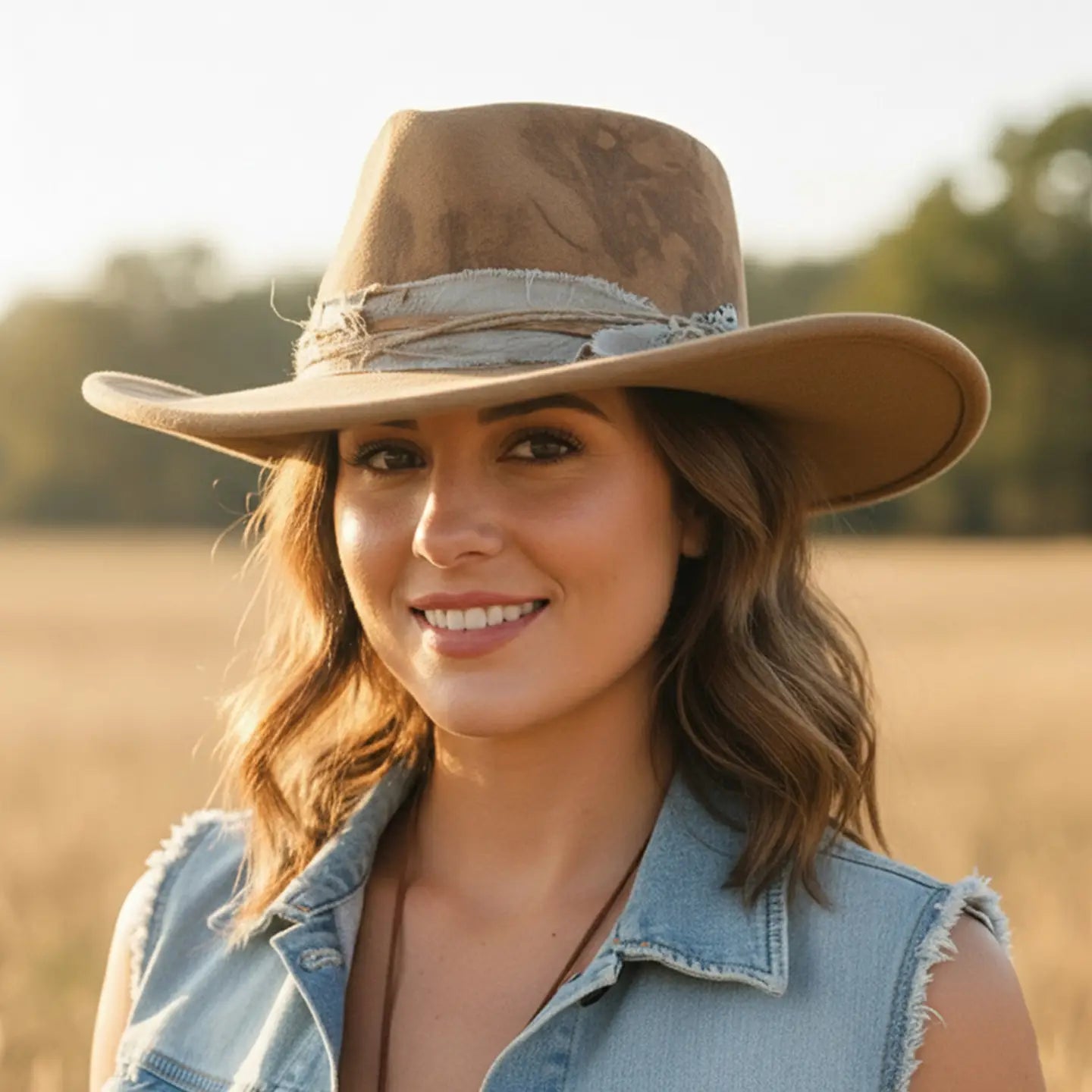 Rustic Style Cowgirl Fedora Hat with Distressed Fabric and Feather