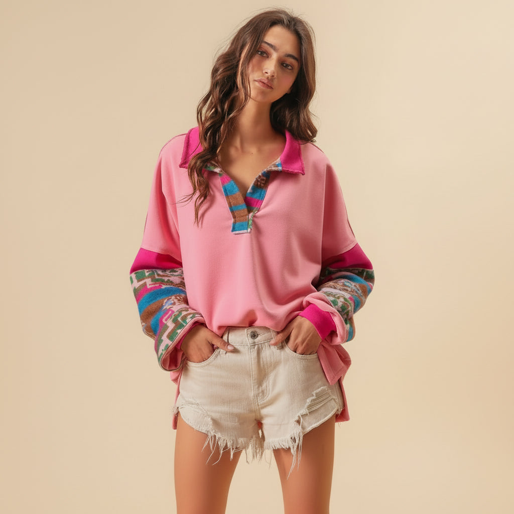 French Terry Knit and Aztec Print Mixed Top
