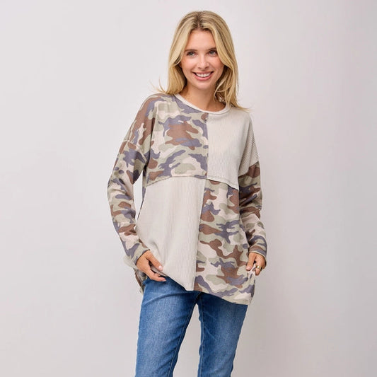 Camouflage Long Sleeve Color Block Top